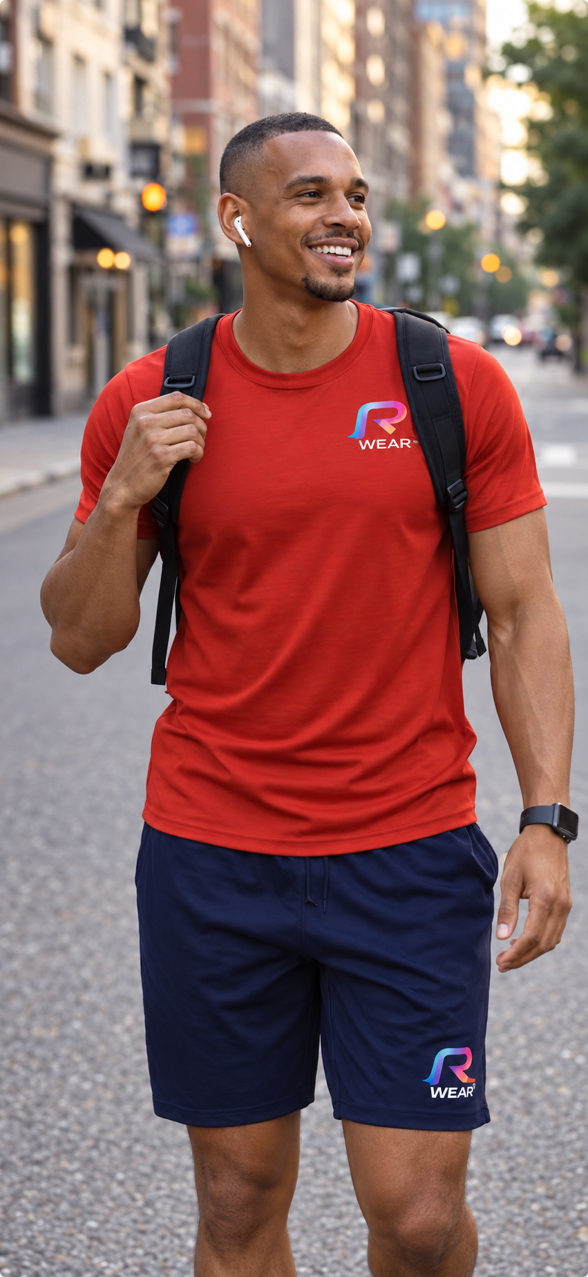Rhythm Wear model in a red shirt and navy shorts